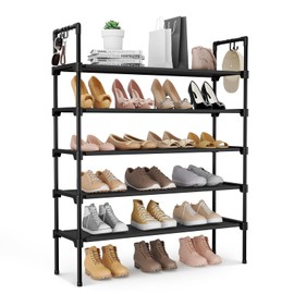 LANTEFUL 5 Tier Shoe Rack for Closet Shoe Organizer with 5 Hooks, Long Shoe Shelf Storage for Shoe and Boot Stackable Free Standing Shoe Rack for Entryway, Garage, Small Spaces, Dorm, Black