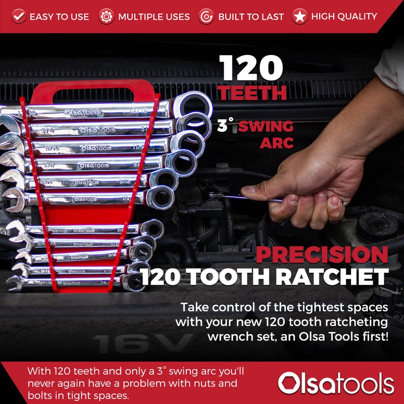 Olsa Tools Ratcheting Wrench Set, 12-Piece SAE, Chrome Vanadium Steel