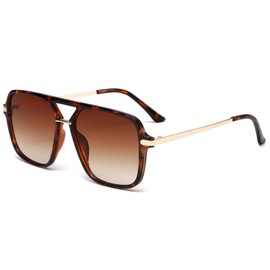 Long Keeper Retro Square Pilot Sunglasses for Women Men Double Bridge Aviation Square Sunglasses 70s Vintage Shade Classic Pilot Sun Glasses Anti UV400 (Leopard Frame - Gradient Brown Lens)