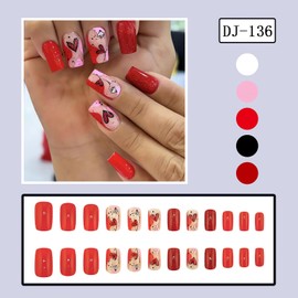 LPOODDNU Valentine’s Day Press on Nails Medium Square Fake Nails, 24Pcs Red Heart Glue on Nails Glossy Full Cover Valentine’s False Nails Cute Design Valentines Acrylic Nails Stick on Nails for Women