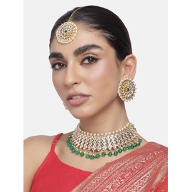 Aheli Ethnic Faux Kundan and Green Beads Choker Necklace Earrings Maangtikka Fashion Jewelry Gift for Women