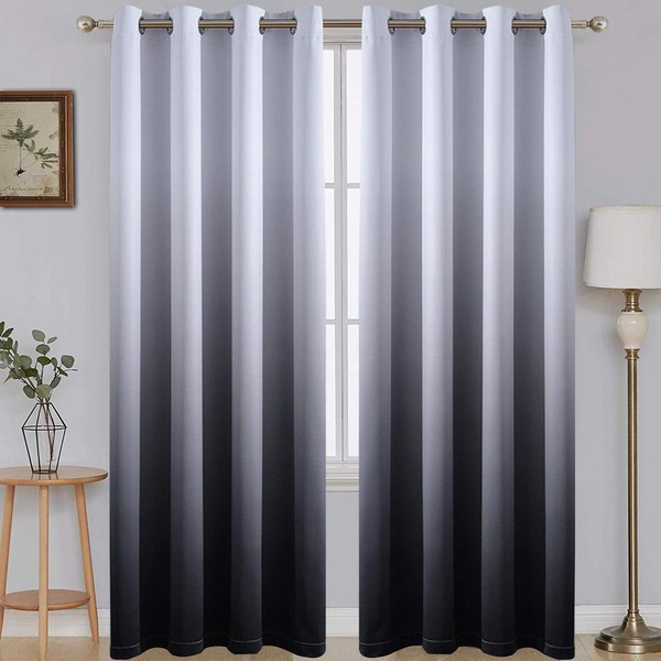 SimpleHome 84 Inch Long Ombre Blackout Curtains Gradient White and Black Room Darkening Eyelet Top Panels Thermal Insulated Grommet Window Drapes for Living Room/Bedroom (Black, 52W x 84L / 2 Panels)