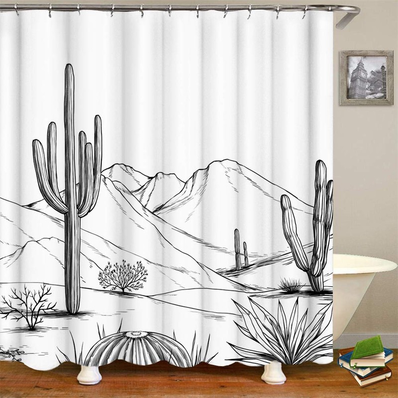 RnnJoile Western Shower Curtain Aztec Cactus Desert Bath Curtain Black
