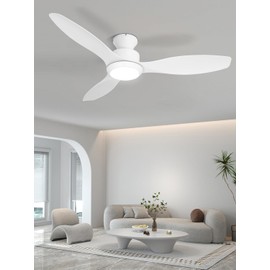 OUATER 48" Ceiling Fan with Light amd Remote, White Flush Mount Ceiling Fan with 3 Blades,3 Color Light, 6 Speed, Queit DC Motor, for Bedroom/Outdoor/Patios, White