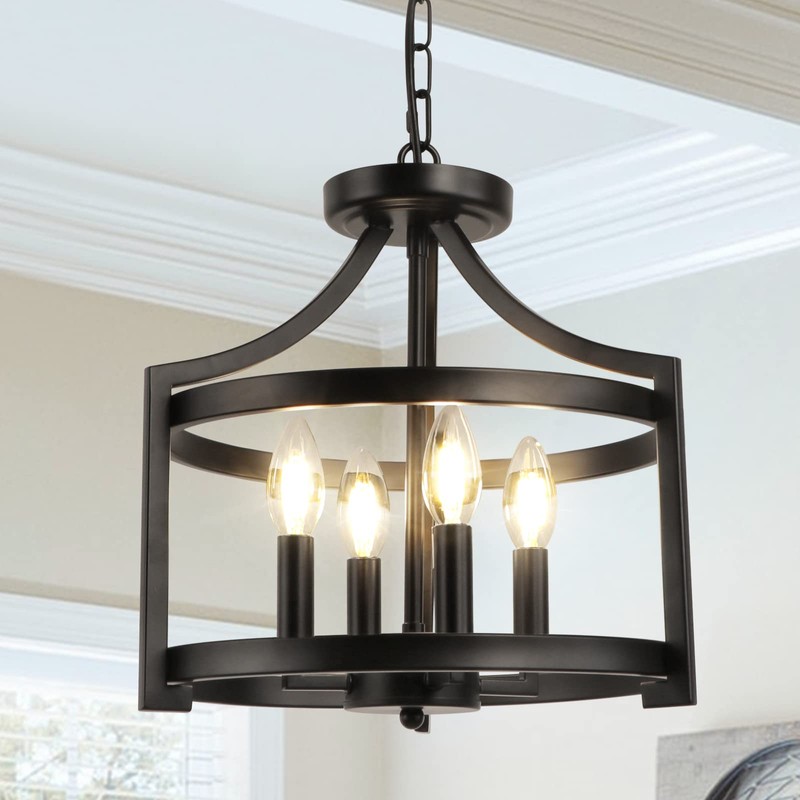 LynPon Black Farmhouse Chandelier 4 Lights, Modern Hanging Pendant Light