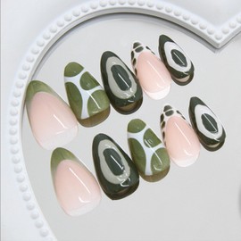 Almond Press on Nails Short French Fake Nails with Designs Green Gradient Glue on Nails Circle False Nails Lines Acrylic Nails Glossy Artificial Nails Full Cover Stick on Nails for Women 24Pcs
