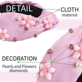 Rhinestone Knotted Headband for Women Girls, Pink Flower Jeweled Headband Sparkly Pearl Beaded Hair Hoop Cute Knot Hairband Fashion Hair Accessories for Kids Costume Decorations Party Supplies 1PCS