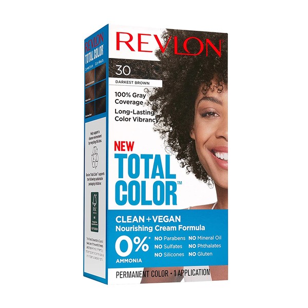 Revlon Total Color Permanent Hair Color, Clean and Vegan, 100% Gray Coverage Hair Dye, 30 Darkest Brown, 3.5 oz