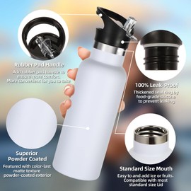 Volhoply 17oz Insulated Water Bottle Bulk 2 Pack,Stainless Steel Kids Water Bottles with Straw Lid,Reusable Metal Thermos Water Bottle,Double Wall Vacuum Sports School Flask Keep Cold(White,2 Set)