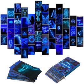 50PCS Blue Neon Aesthetic Pictures Wall Collage Kit, Neon Blue Photo Collections Collage Dorm Decors for Girl Teens and Women, Trendy Wall Prints Kit, Small Posters for Room Bedroom Aesthetic