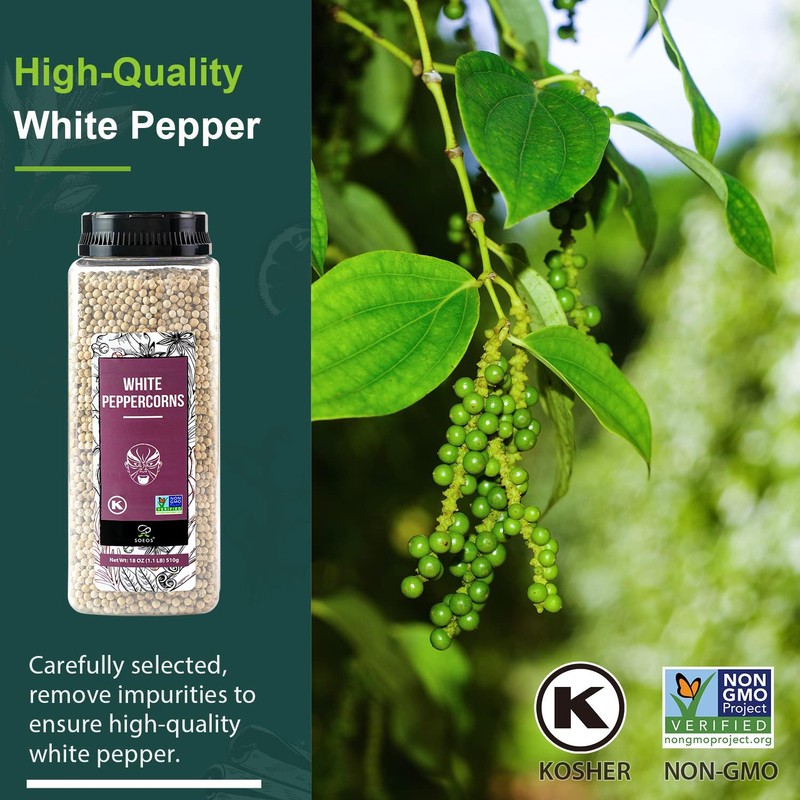 Soeos White Peppercorns, 18oz (Pack of 1), Non-GMO, Kosher, Packed