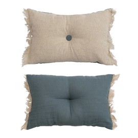 Creative Co-Op Two Sided Linen Blend Tufted Lumbar Pillow with Button and Fringe, Natural and Blue