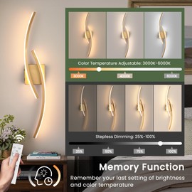 Sovinzert Battery Operated Wall Sconce Set of 2,Gold Wall Sconces with Remote Control,3000K-6000K Modern LED Wireless Wall Light for Living Room, Hallway, Bedroom, 39.3 Inch (2 Pack)