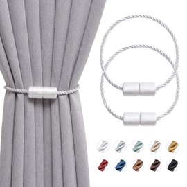 Pretty Jolly 2 Pack Magnetic Curtain Tiebacks 16 Inch Handmade Weave Side Rope Curtain Holdbacks Convenient Decorative Cylinder Curtain Drape Tie Backs for Home & Office Window Drapery (White)