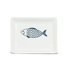 Abbott Collection 27-CORFU-550 Small Rectangle Fish Plate, 1 EA, White/Blue