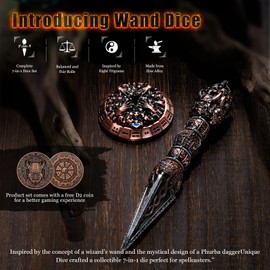 Unique Metal DND Wand dice Set with Bagua Stand, 7-in-1, Roulette dice Rotator, Suitable for Role-Playing or Steampunk Themed Games with D20 D12 D10 D8 D6 D4 D00% Metal dice Set (Copper)