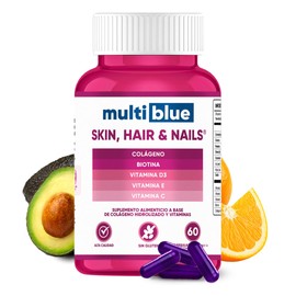 MultiBlue - Colageno + Biotina 60 Capsulas | Formulado con Vitamina D3, Vitamina E y Vitamina C | Vitaminas para Mujer 100% Natural, Sin Gluten, Sin OMG | 2 caps diarias (1 mes Multivitaminico Mujer