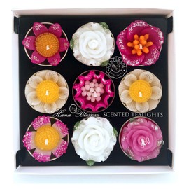 9 Assorted Big Glitter Flower Scented Tealights in a Gift Box Set