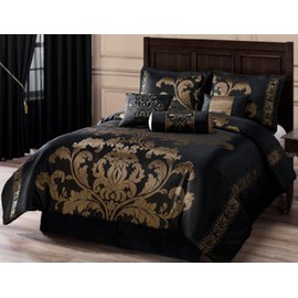 Chezmoi Collection 7-Piece Royale Jacquard Floral Comforter Set, Full/Double, Black/Gold