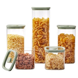 Spreccio Square Glass Food Storage Jars with Lids[Set of 5], Perfect for Pasta, Cookies, Nuts, Coffee, Cereal, Flour,Organize Your Kitchen with these BPA-Free Glass Jars with Silicone Lids