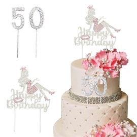HQKJGSYX - Decoración para tarta de feliz cumpleaños, decoración para tarta de reina y dama con diamantes de imitación, decoración de cumpleaños 50 para niñas y mujeres, cumpleaños, aniversario,