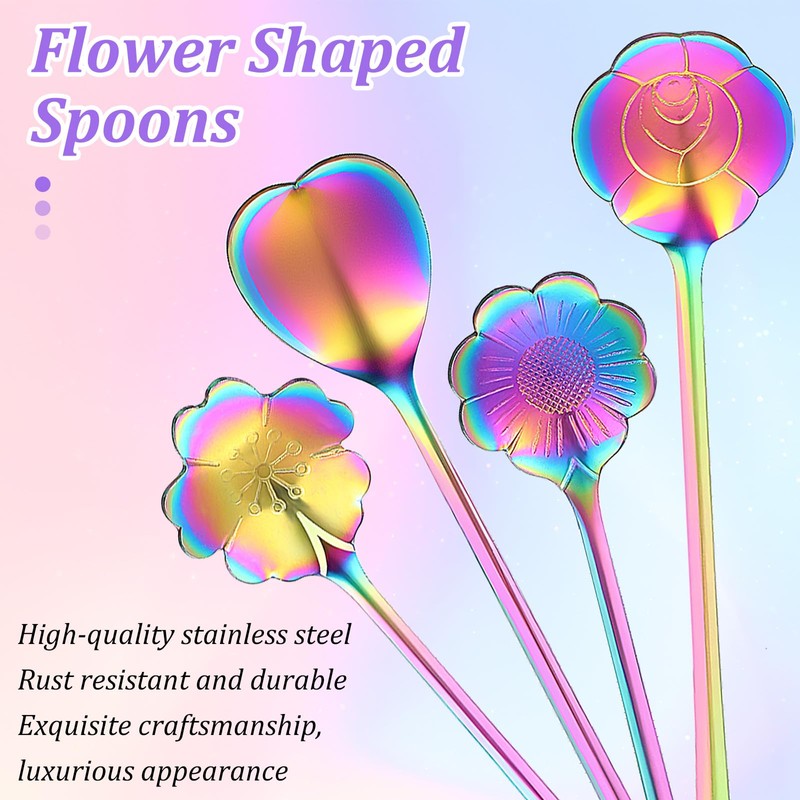 Flower Spoon Set Rainbow Stainless Steel Reusable Long Spoons Cute