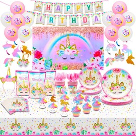 Unicorn Birthday Decorations , Girls Party Decorations for 16 Guests: Tableware, Backdrop, Swirls, Cupcake Wrappers, Bags, Headband, Balloons, Banner (194 Pieces)