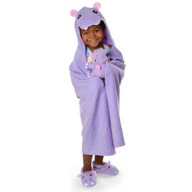 SoapSox- Harper the Hippo Hooded Bath Towel & Slipper Set for Kids- Soft 100% Cotton Towel with Hand Pockets and Matching Hippo Bath Slippers- 27 x 45”- Adorable Gift Set for Bath, Pool and Beach