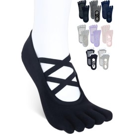 Monlyu Pilates Socks, Yoga Socks, 5 Toes, Non-Slip, Cross Band, Women's, Pilates Socks, For Yoga, Sports, Gym, Fitness, Grip, Fingerless, Toeless, Non-Slip, Antibacterial, Odor Resistant, Socks, Sox