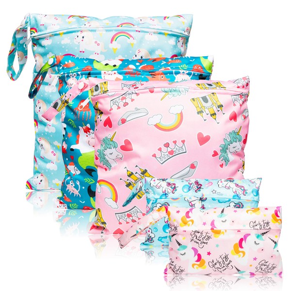 R HORSE 5Pcs Waterproof Reusable Wet Bag Diaper Baby Cloth Diaper Wet Dry Bags with 2 Zippered Pockets Travel Beach Pool Bag (3 Sizes)