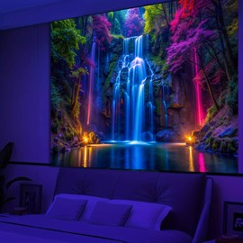 Simpkeely Blacklight Waterfall Tapestry - UV Reactive Glow in the Dark Neon Forest Wall Hanging, Vibrant Nature Landscape Wonderland for Bedroom, Living Room Decor - 180 x 230cm