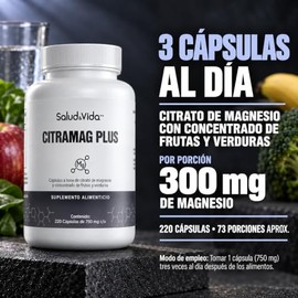 Citrato De Magnesio 2000mg Por Porción (3 Cápsulas al Día) - 220 Cápsulas - CITRAMAG PLUS S&V - Sin Gluten Y Sin OMG