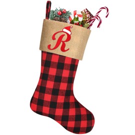 Woosytoo 20 Inches Large Monogram Christmas Stockings Embroidered Initial Christmas Stocking Red Black Buffalo Plaid Burlap Christmas Stocking for Christmas Xmas Tree Fireplace Decorations, Letter R