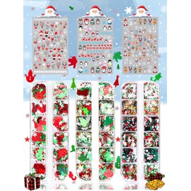 Christmas Nail Art Glitter Stickers Decoration Kit, Wsimily 3 Boxes Holographic Nail Sequins 3 Sheets Self-Adhesive 3D Nail Sticker Decals Snowflakes Snowman Penguin Design for DIY Christmas Supplies