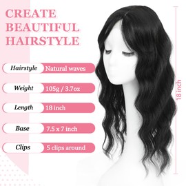 Lasunork Hair Toppers for Women Wavy Curly Clip Hair Topper Clip in Fringe Hand-Tied Lace Hairpieces for Women(18 Inch, Natural Black)