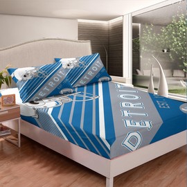 Erosebridal Sports Football Bed Sheets White and Sky Blue Rugby Helmet Bedding Set Full, American Football City Themed Fitted Sheet Retro 3D Ball Game Sheets with 2 Pillowcases(Detroit)