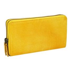 Manza Women's Washed Leather Buffalo Leather Purse Double Zip Used Look Vintage Purse, yellow, Vintage