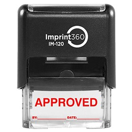 Supply360 AS-IMP1102R - Approved Stamp with by: & Date:, Red Ink, Heavy Duty Commerical Self-Inking Rubber Stamp, 9/16" x 1-1/2" Impression