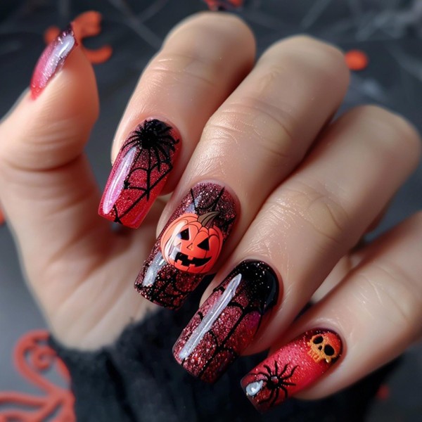Halloween Press on Nails Medium Square Fake Nails Red Gradient