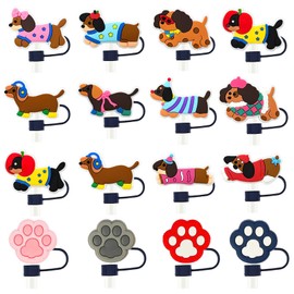16PC Dog Straw Cover Caps for Tumblers, Dachshund Silicone 10mm Dringking Straws Toppers Protector Dust-Proof Reusable Bulk, BPA Free, Eco-Friendly fit for Party Gifts