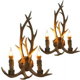 Pinelicorn 2Pcs Retro Deer Horn Wall Lamp, Rustic Antler Wall Sconces, Deer Antler Wall Light Fixtures for Bedroom Bathroom Hallway Entrance, LED Living Room Wall Sconce, 14.9 * 19.7in (2)