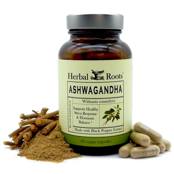 Herbal Roots Ashwagandha Capsules – Extra Strength Pure Organic Ashwagandha Root Powder Extract with BioPerine Black Pepper - 60 Vegan Capsules - Made in USA