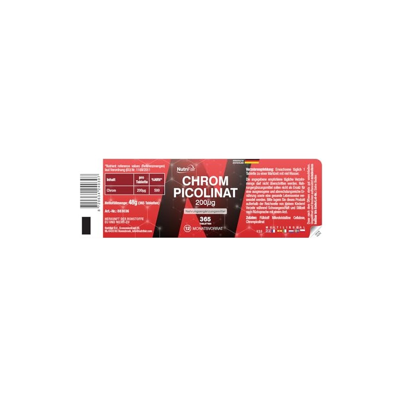 Chrompicolinat 200μg - 365 Tabletten - *normaler Blutzuckerspiegel - Hochdosiert