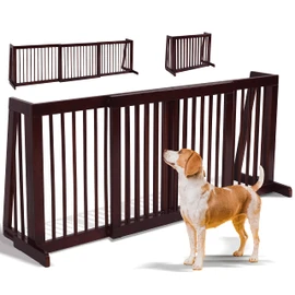 HAPPAWS Freestanding Dog Gate, 28-81 Inch Folding Expandable Indoor Puppy Fence w/Widening Feet, Extra Wide Pet Gates, Wood Barrier, Step Over Dog Door for The House, Doorways, Stairs