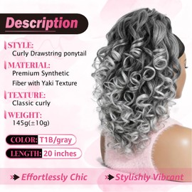 Curly Drawstring Ponytail for Black Women,20 Inch Yaki Synthetic Ponytail Extension with Natural Volume,Full & Fluffy Look,Easy to Wear(T1B/GRAY)