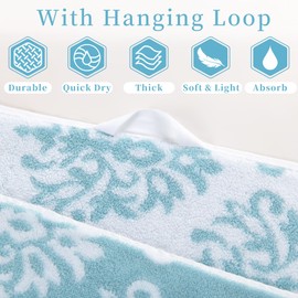 Towels for Bathroom - 100% Cotton | Quick Dry | Thick | Soft | Absorbent | Lightweight, 6PCS Patterned Towels Set, 2 Bath 28"x52", 4 Hand 16"x27", Decorative Towels Set, Aqua and White Damask Jacquard