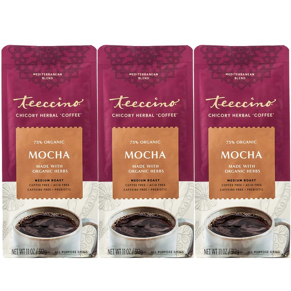 Teeccino Chicory Coffee Alternative - Mocha - Ground Herbal Coffee That’s Prebiotic, Caffeine Free & Acid Free, Medium Roast, 11 Ounce (Pack of 3)