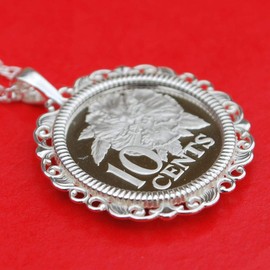 1975 Trinidad & Tobago 10 Cents Gem BU Uncirculated Proof Coin Solid 925 Sterling Silver Necklace NEW - Flaming Hibiscus