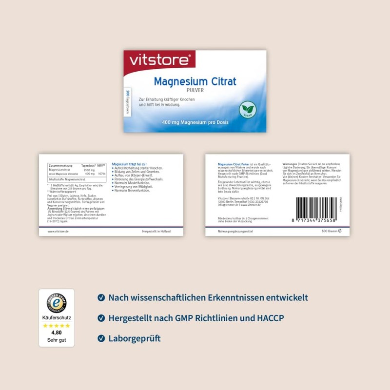 Magnesium Citrat Pulver - vegan - hochdosiert - 500 gramm