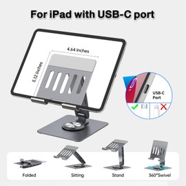 HC Adjustable Tablet Stand with USBC Hub 7-in-1, Aluminum Tablet Holder with Docking Station, 360 Swivel Base, 4K HDMI, 100W PD Charging, USB 3.0, SD/TF Reader, 3.5mm Audio, for iPad with USB-C Port